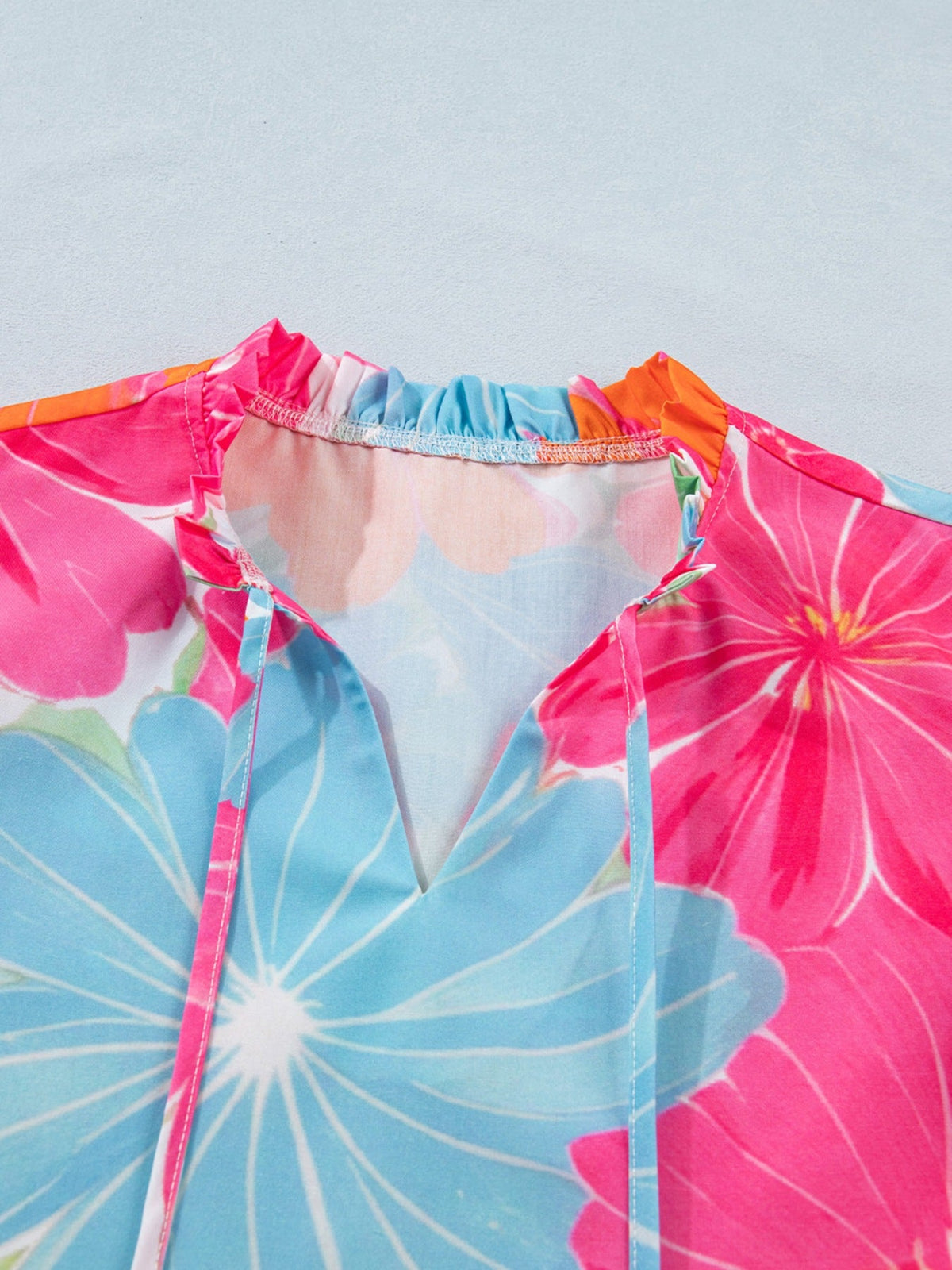 Flower Printed Tie V Neck Ruffle Trim Sleeveless Blouse