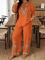 Full Size Embroidered Long Sleeve Top and Pants Set Plus Size