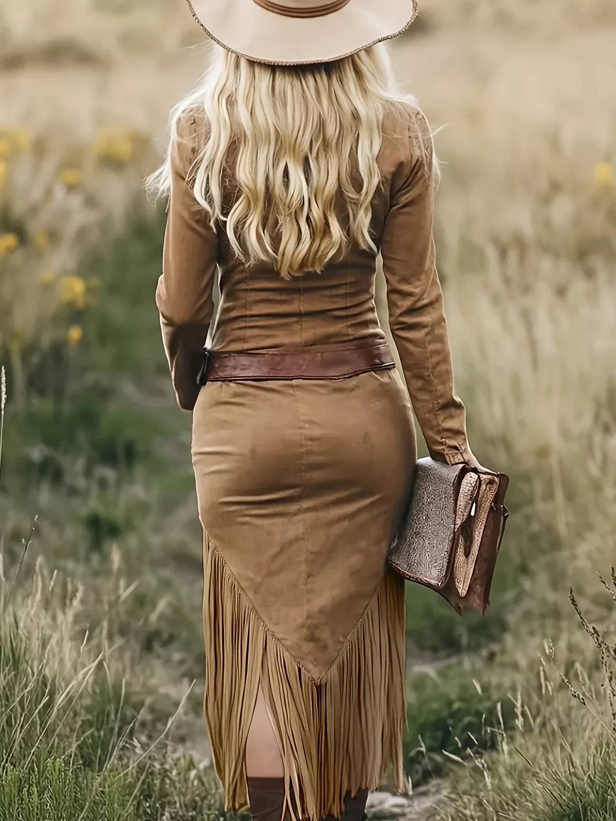 Zip Front Long Sleeve Fringe Dress