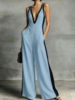 Deep V-Neck Wide-Leg Jumpsuit with Contrast Trim