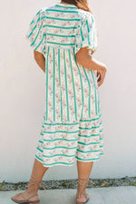 Striped Floral Print Tie Neck Puff Sleeve Midi Dress