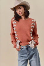 SO ME Checkered Plaid Tape Lace Up Ribbed Sweater