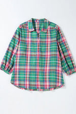 Plaid Collared Neck Three-Quarter Sleeve Shirt