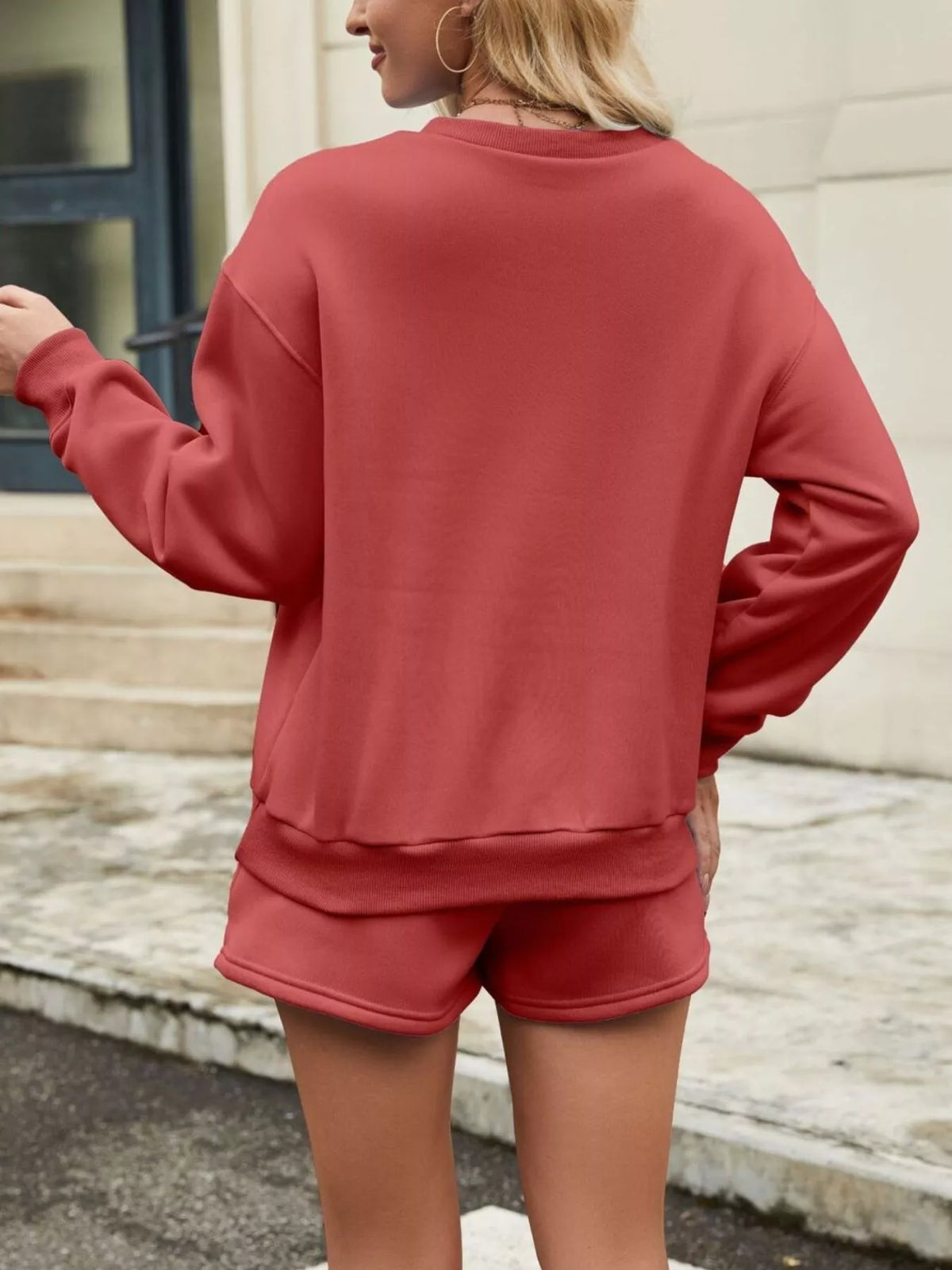 Round Neck Dropped Shoulder Top and Drawstring Shorts Set