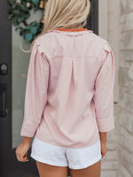 Stripe Color Block Patchwork Detail Frilled Collar Button Down Shirt