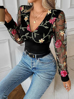 Floral Mesh Sleeve V-Neck Top