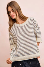 BiBi Stripes Short Sleeves Rib Banded Outseam Knit Top