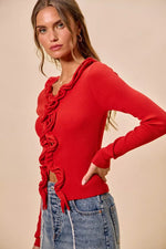 SO ME Cascade Ruffle Ribbed Sweater Cardgian