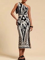 One-Shoulder Tropical Print Midi Dress