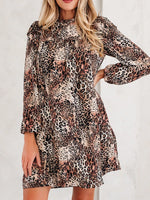 Leopard Ruffled Detail Long Sleeve Loose Mini Dress