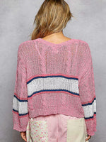 POL V-Neck Striped Pattern Cropped Knit Top with Cable Knit Detail