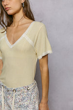 POL Lace Detail V-Neck Short Sleeve Textured T-Shirt
