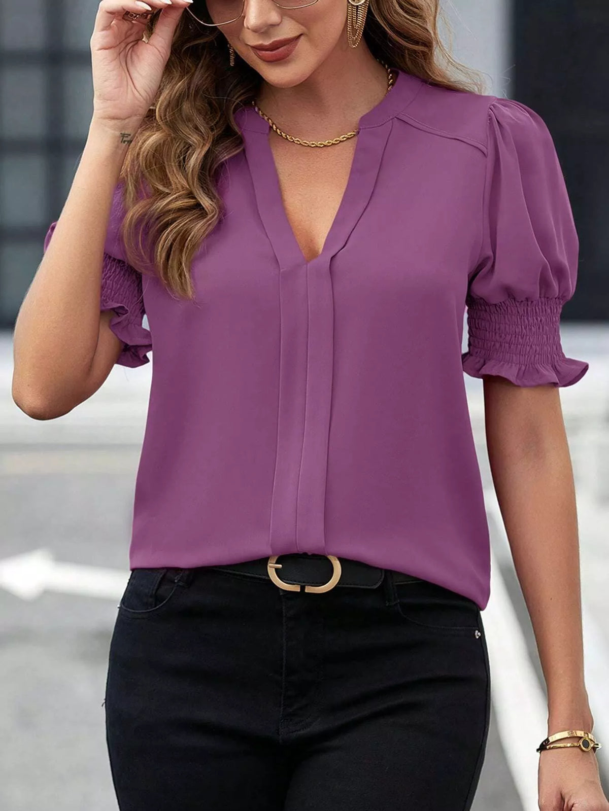 Notched Half Sleeve Blouse