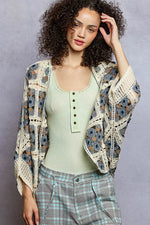 POL Open Front Floral Crochet Cardigan
