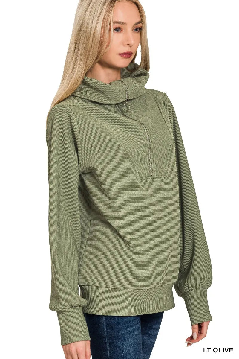 Zenana Ribbed High Neck Half Zip Pullover & Pants Set