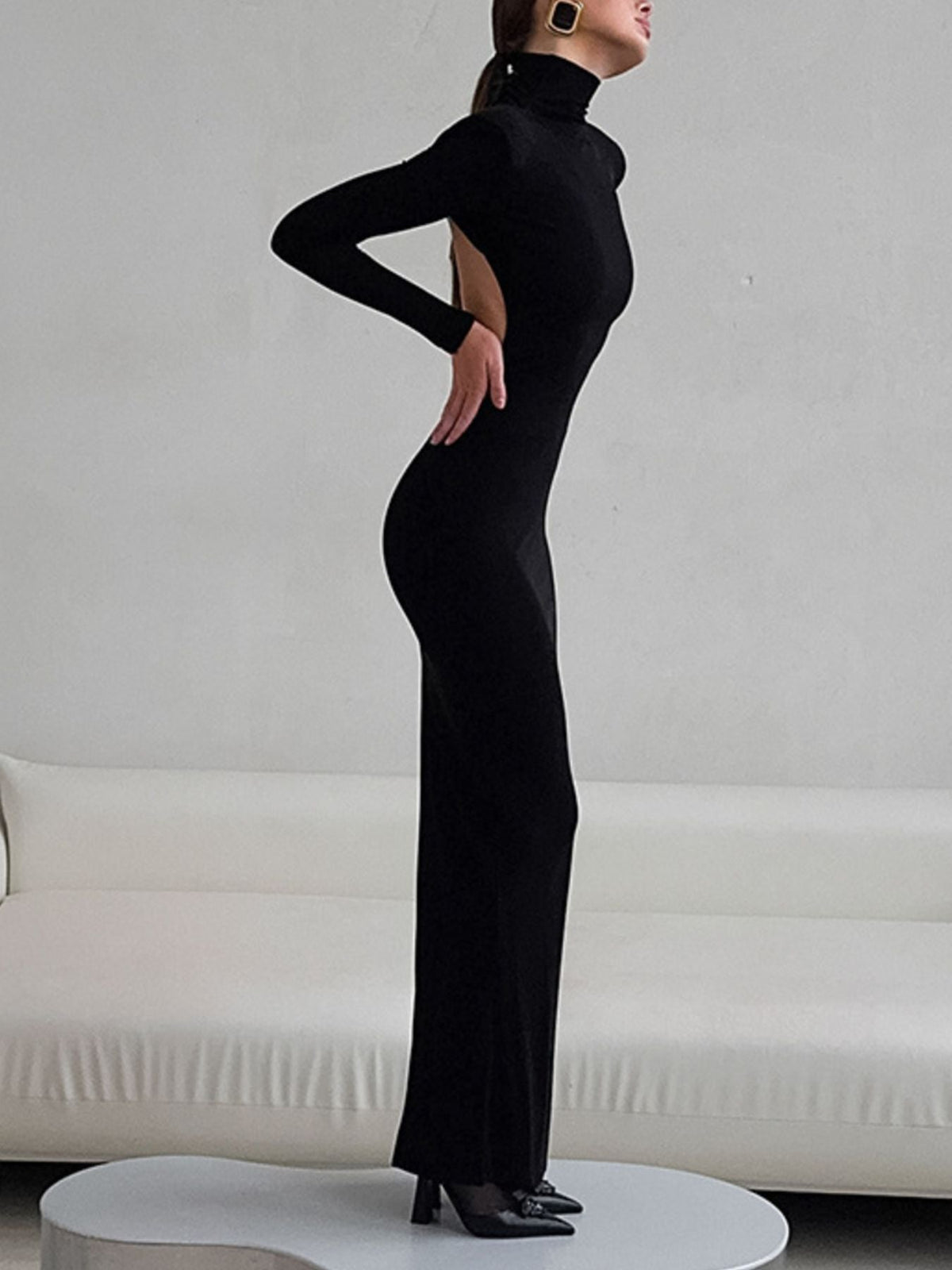Backless Turtleneck Long Sleeve Bodycon Maxi Dress