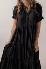 Hidden Buttons Short Sleeve Ruffle Tiered Long Flared Dress