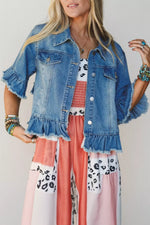 Ruffle Hem Raw Edge Half Sleeve Western Denim Jacket
