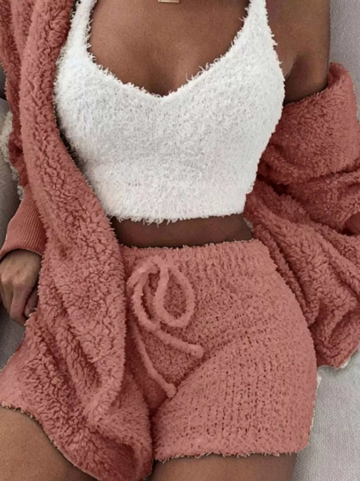 Full Size 3-Piece Fuzzy Plush Cardigan and Shorts Lounge Set with Crop Top Plus Size