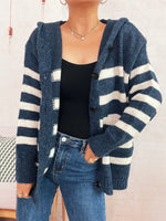 Striped Button-Up Hooded Cardigan