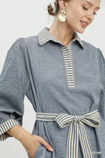 Umgee Striped Contrast Belted Puff Sleeve Mini Dress