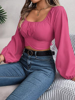 Scoop Neck Balloon Sleeve Cropped Blouse