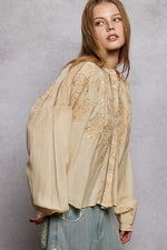 POL Embroidery Button Down Long Sleeve Washed Shirt