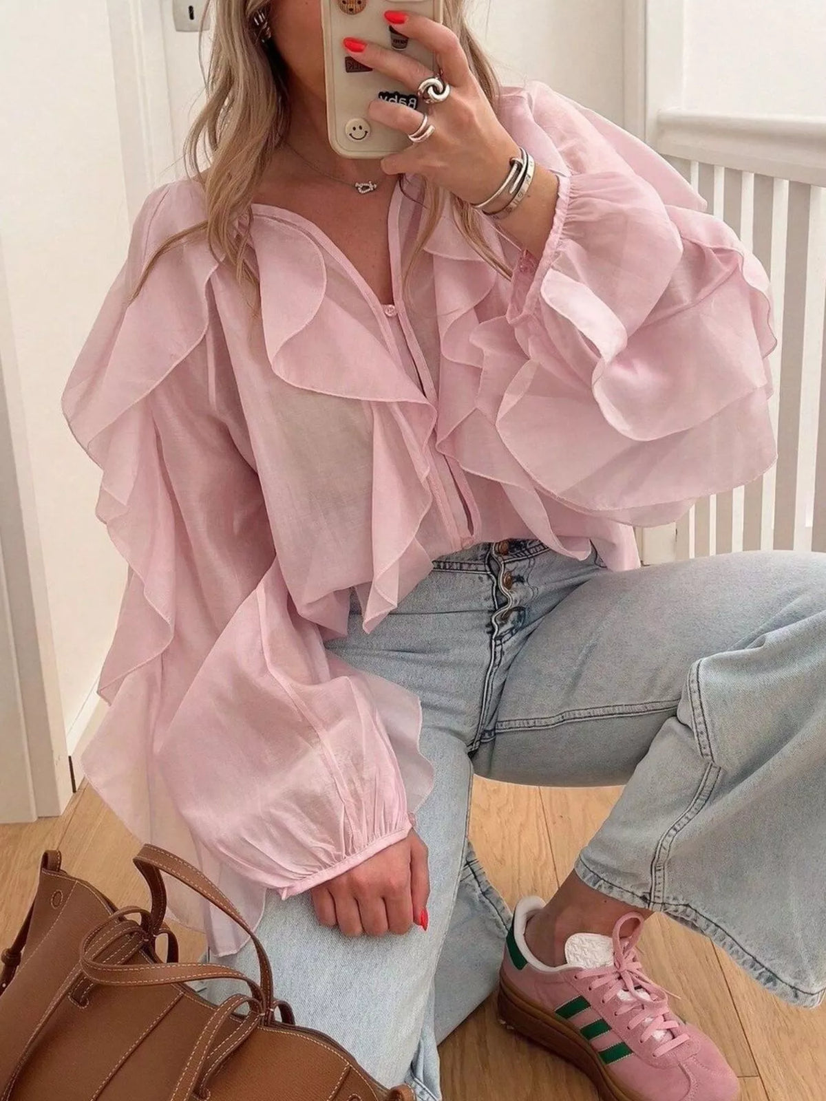 Ruffled Sheer Long Sleeve Blouse