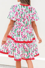 Floral Print Contrast Trim V Neck Bubble Short Sleeve Babydoll Dress