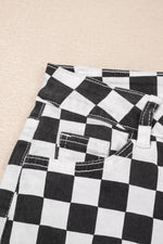 Checkerboard Print Distressed Holes Raw Edge Cropped Jeans