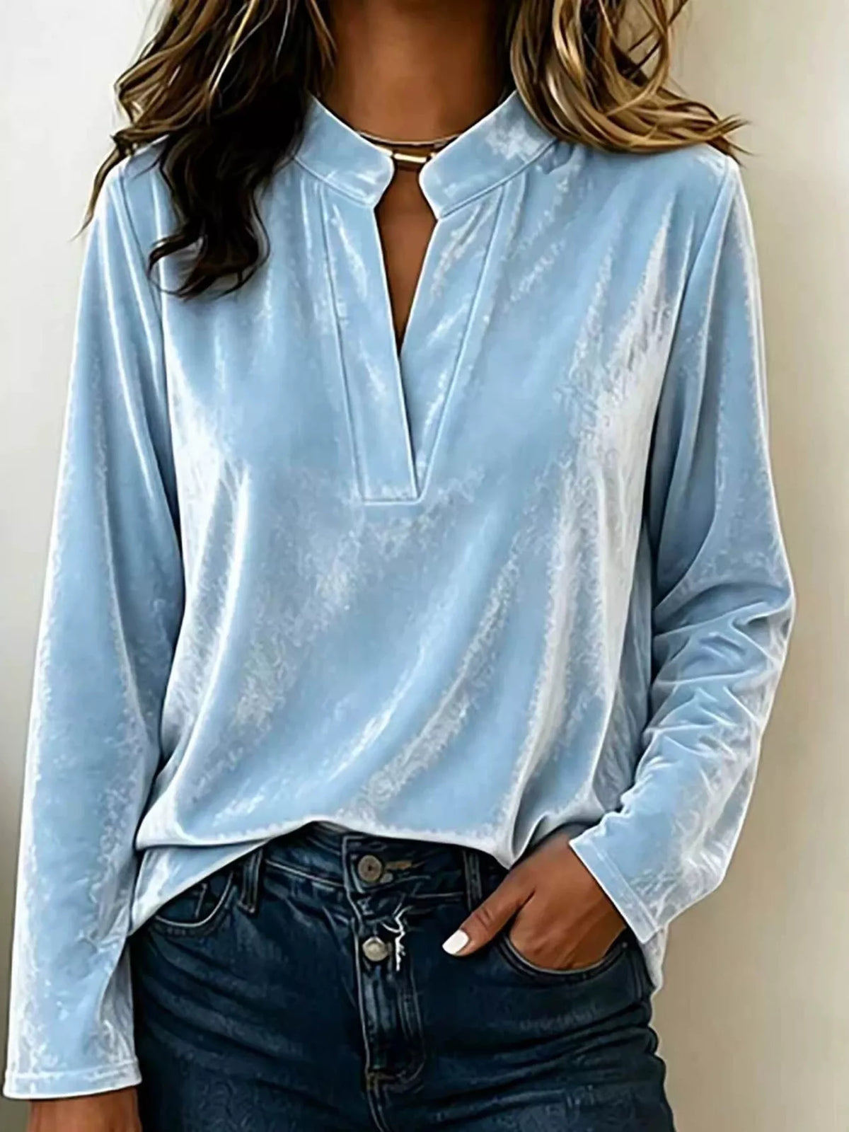Full Size Velvet Notched Long Sleeve Top Plus Size