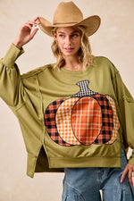 BiBi Plaid Mix Pumpkin Patchwork Cut Edge Detail Oversized French Terry Sweatshirt