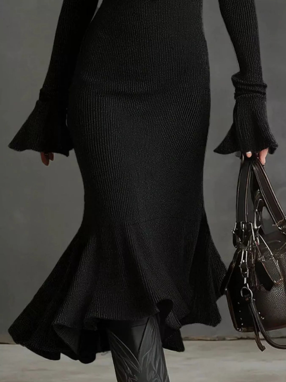 Ribbed Knit Zip Front Flare Hem Midi Dress