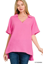 Zenana Double Gauze Short Sleeve High-Low Top