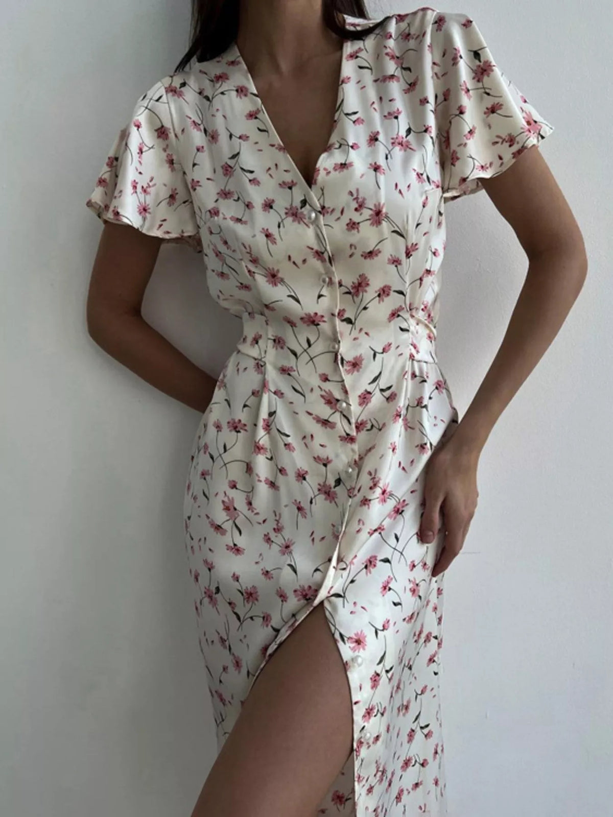 Floral Print V-Neck Flutter Sleeves Midi Dress