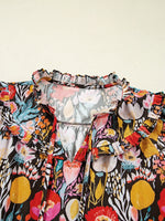 Floral 3/4 Puff Sleeve Tied Neck Blouse