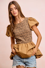 BiBi Rib Texture Leopard Puff Sleeves Bubble Peplum Top