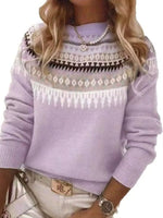 Full Size Vintage Patterned Round Neck Sweater Plus Size