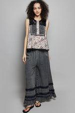 POL Printed Woven Lace Back Round Neck Sleeveless Top