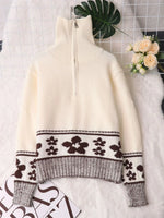 Flower Zip Collar Long Sleeve Sweater