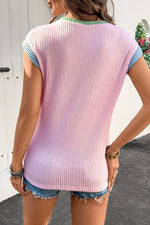 Colorblock Edge Twisted Rib Texture Sequin American Flag Casual T Shirt