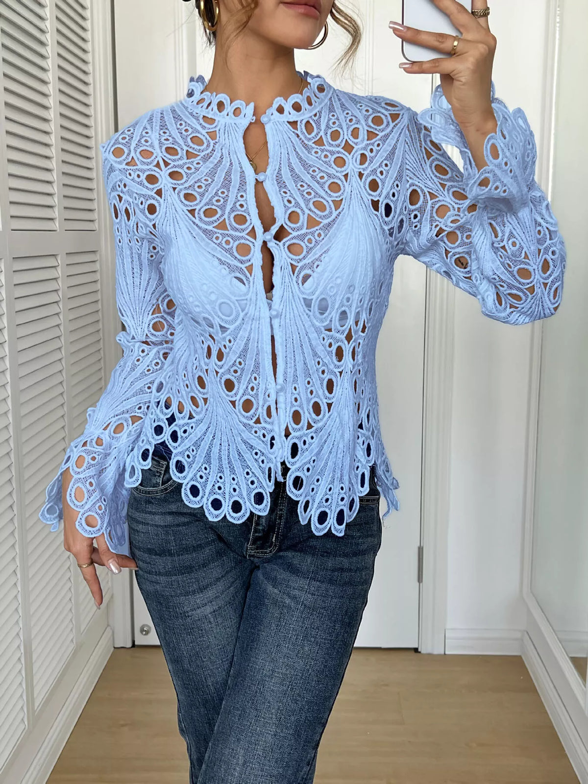 Lace Button Up Long Sleeve Shirt
