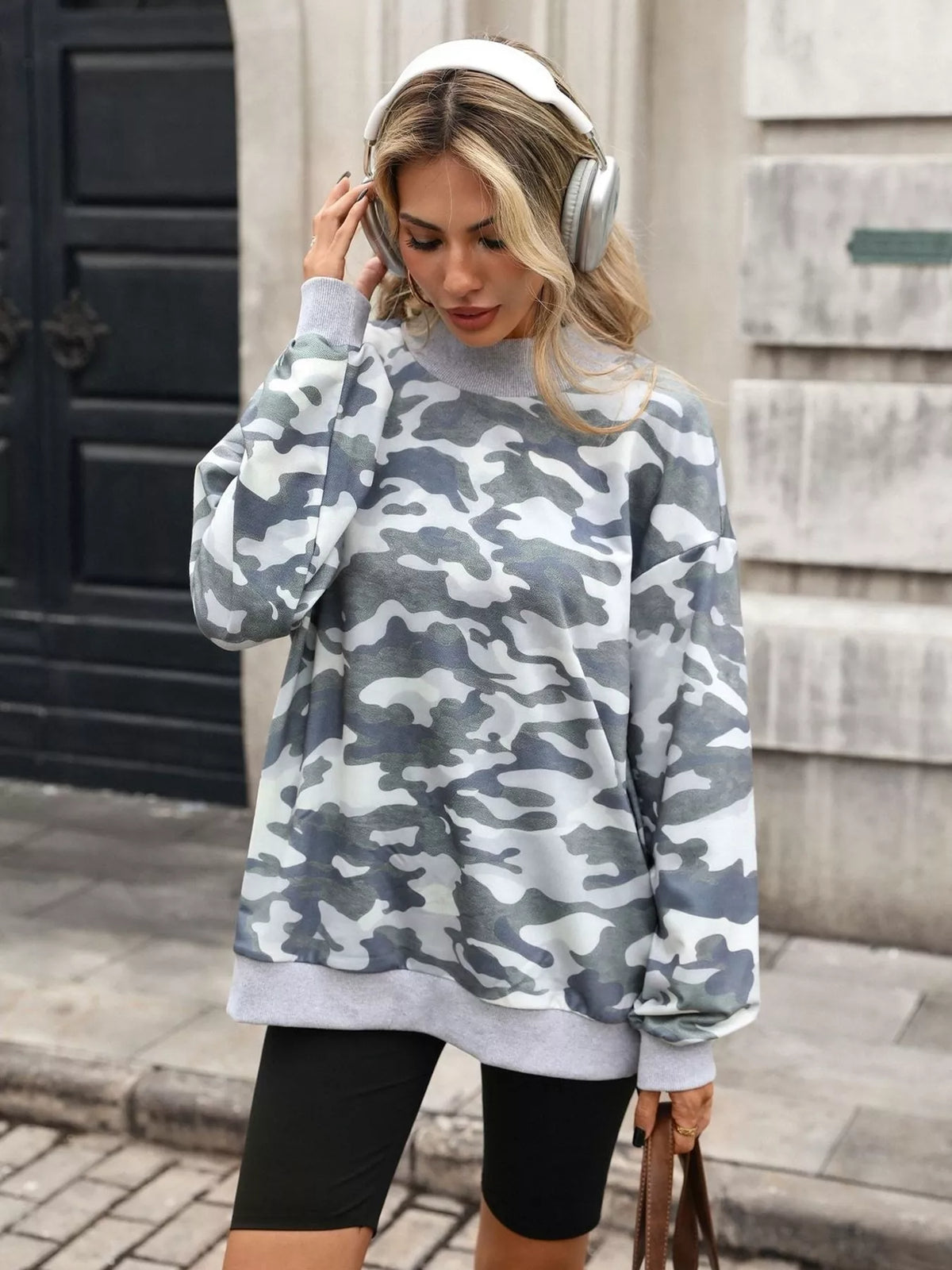 Camouflage Print Mock Neck Sweatshirt