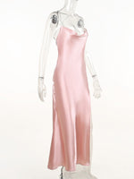 Slinky Satin Cowl Neck High Slit Dress with Back Lace Up