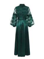 Lace Lantern Sleeve Belted Maxi Dress