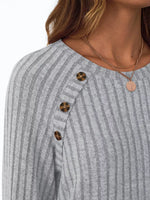 Ribbed Knit Decor Button Long Sleeve T-Shirt