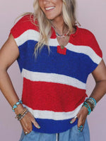 Striped Notched Short Sleeve Sweater