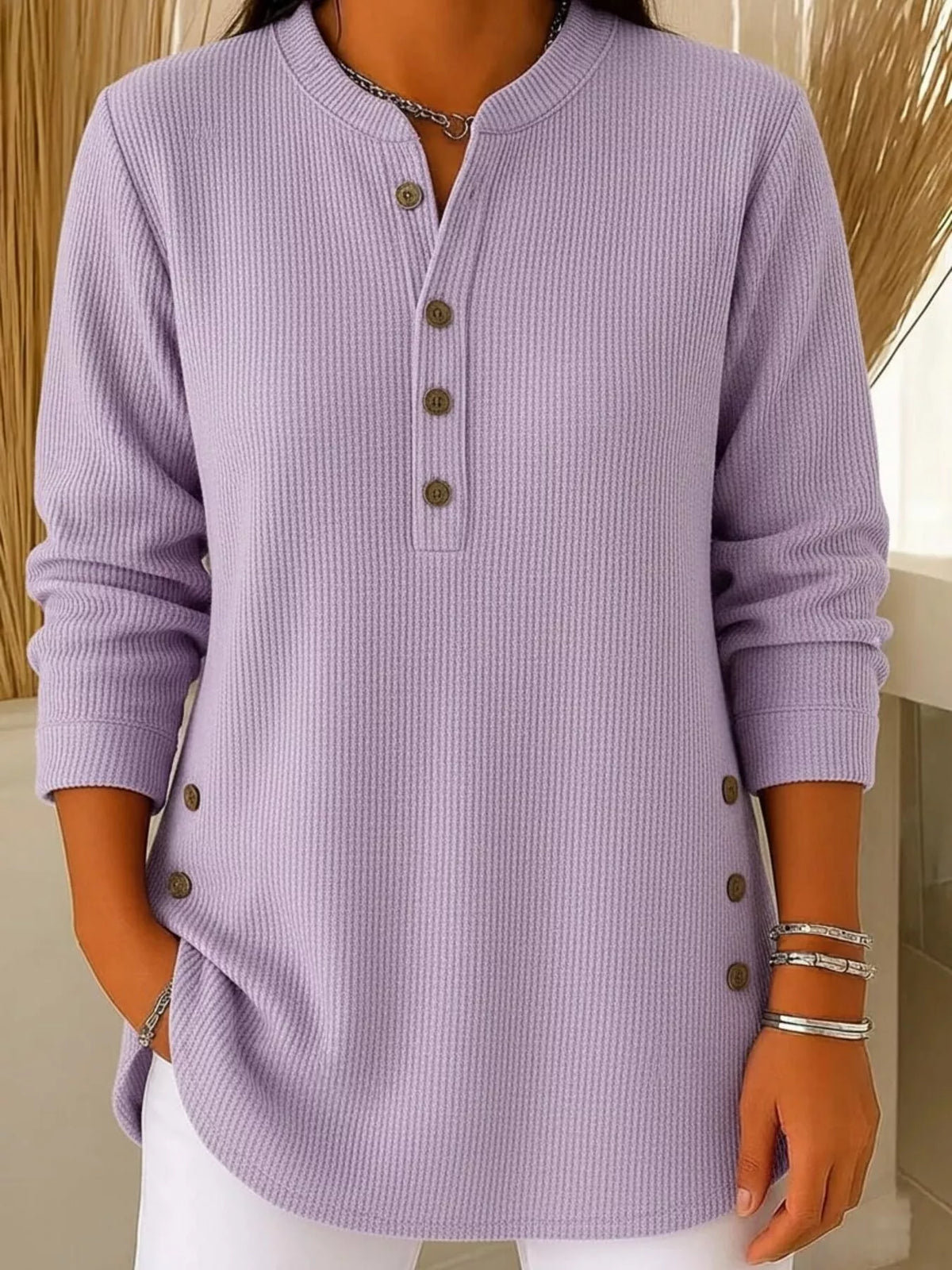Full Size Ribbed Half Button Henley Top Plus Size