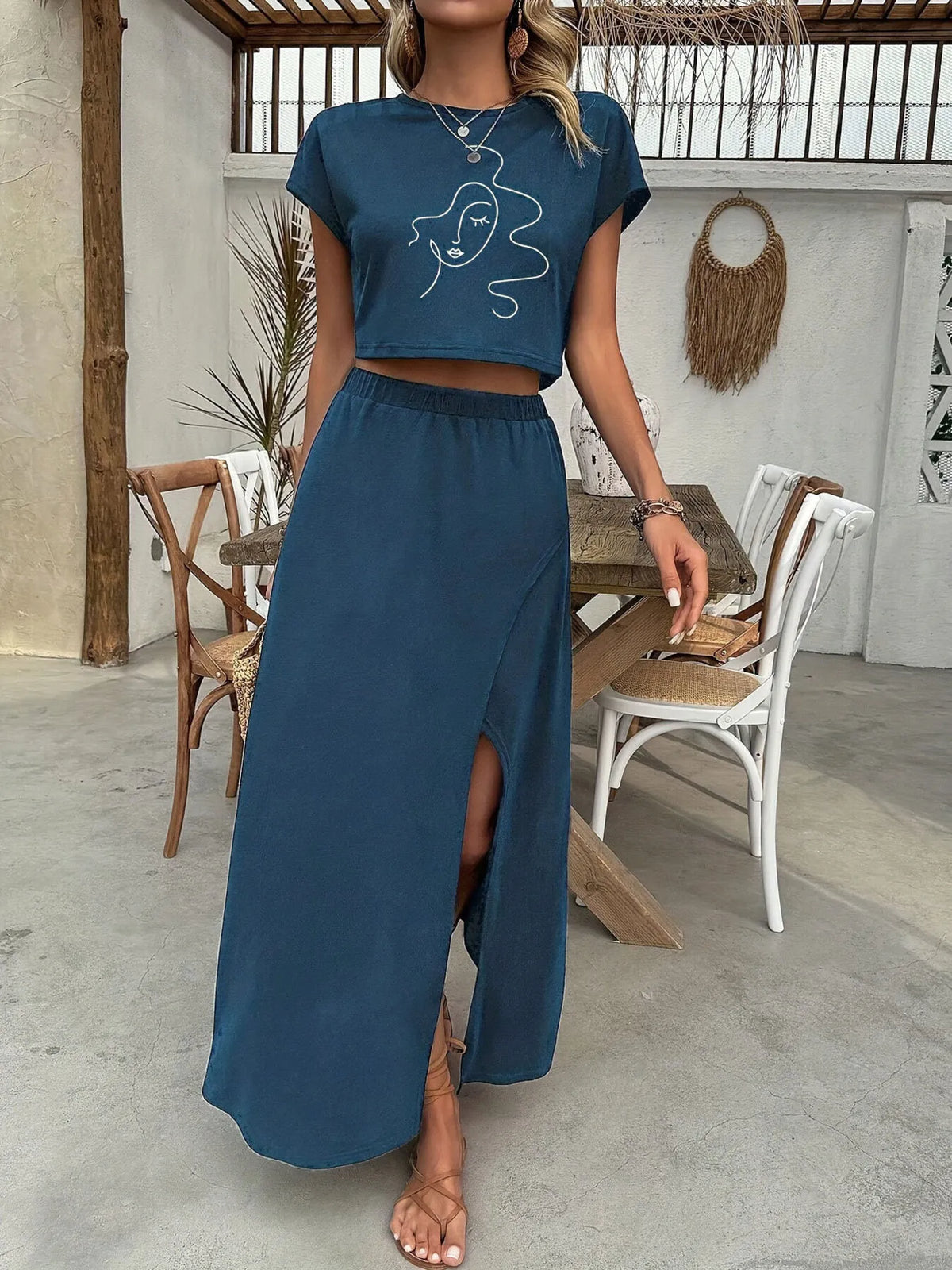 Round Neck Short Sleeve Top and Skirt Set