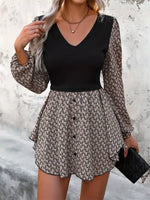 Printed V-Neck Long Sleeve Dress